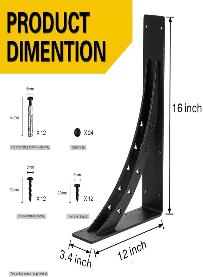 PICESA Heavy Duty Shelf Brackets，max Load 900 LBS,Premium Alloy Metal Mantel Brackets , (Set of 2) Fireplace Mantel Brackets - Countertop Support Brackets (Matte Black, 16 inch x 12 inch) - Image 2